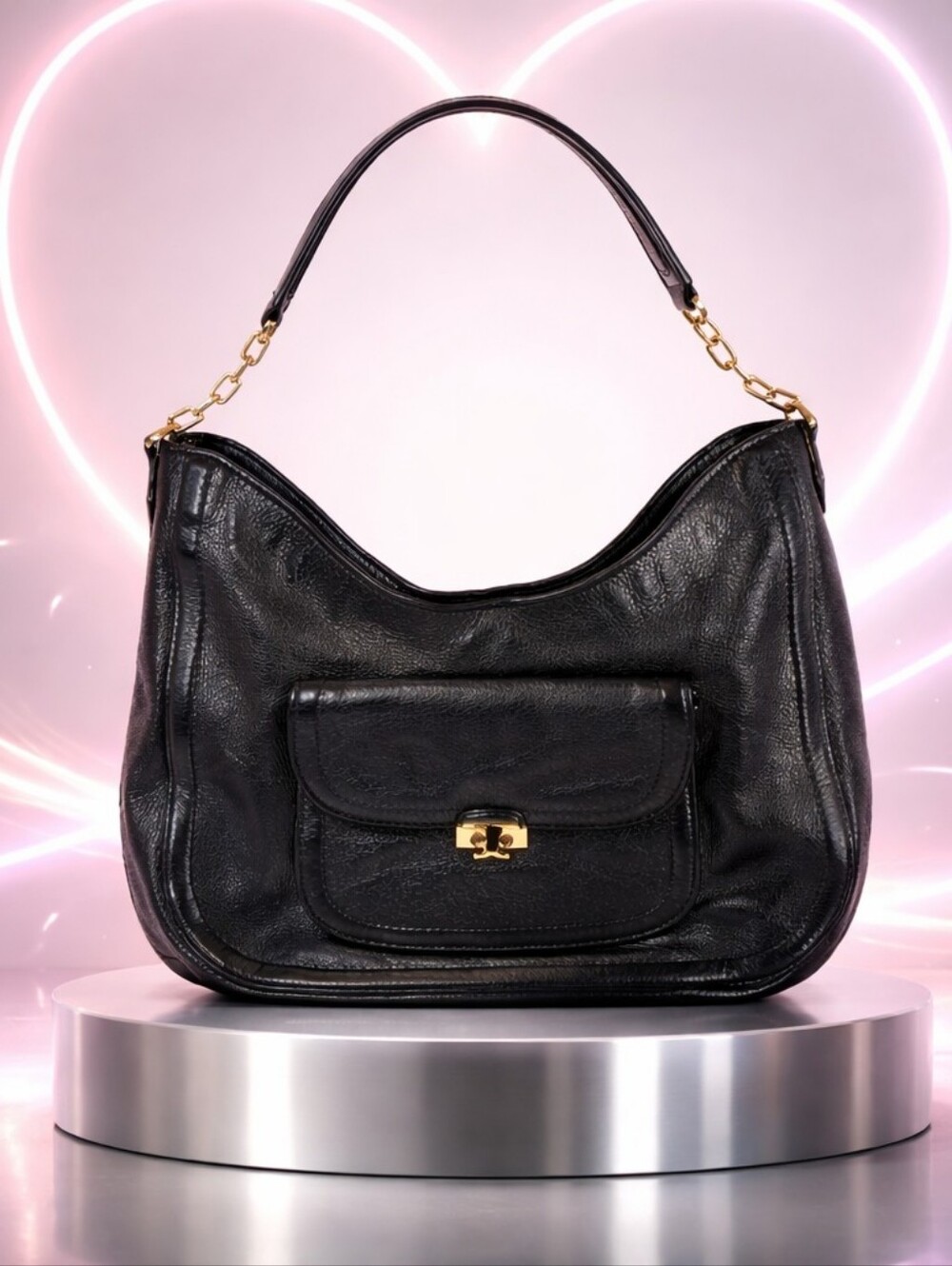 Tory Burch Black Pebble Leather Shoulder Bag with Gold Hardware